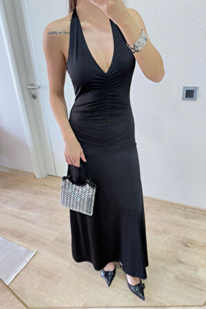 TUA MODA Sırt Dekolteli Uzun Kollu Elbise - Siyah