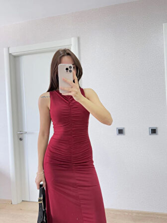 TUA MODA Kolsuz Büzgülü Uzun Elbise - Kırmızı
