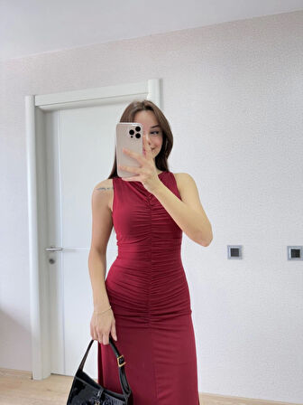 TUA MODA Kolsuz Büzgülü Uzun Elbise - Kırmızı