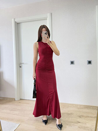 TUA MODA Kolsuz Büzgülü Uzun Elbise - Kırmızı