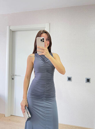 TUA MODA Kolsuz Büzgülü Uzun Elbise - Füme