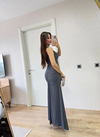 TUA MODA Kolsuz Büzgülü Uzun Elbise - Füme