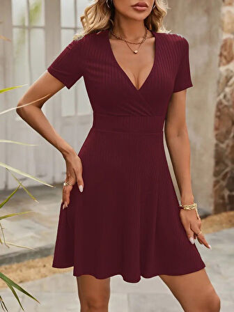 TUA MODA Kadın Kısa Kollu Kruvaze Yaka A Kesim Kalın Fitilli Kaşkorse Elbise