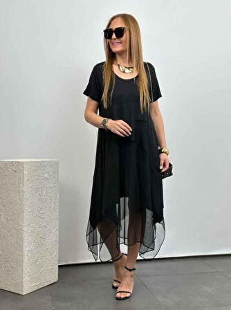 TUA MODA Kadın Kısa Kollu Yuvarlak Tüllü Asimetrik Detaylı Viskon Elbise