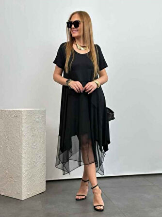 TUA MODA Kadın Kısa Kollu Yuvarlak Tüllü Asimetrik Detaylı Viskon Elbise