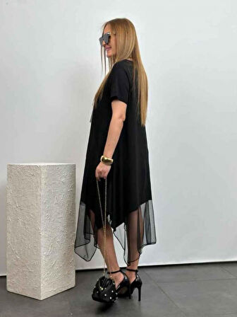 TUA MODA Kadın Kısa Kollu Yuvarlak Tüllü Asimetrik Detaylı Viskon Elbise