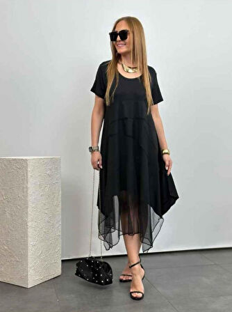 TUA MODA Kadın Kısa Kollu Yuvarlak Tüllü Asimetrik Detaylı Viskon Elbise