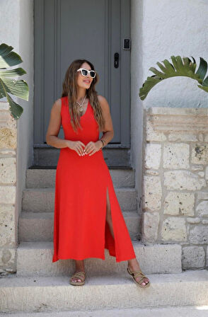 TUA MODA Kadın Askılı V Yakalı Yırtmaçlı Viskon Elbise