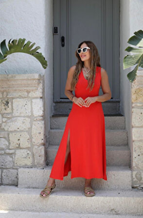TUA MODA Kadın Askılı V Yakalı Yırtmaçlı Viskon Elbise