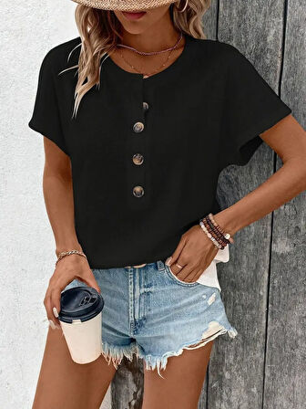 TUA MODA Kadın Kısa Kollu Yakası Açık önden Düğmeli Waffle Bluz