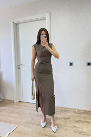 TUA MODA Yırtmaç Detaylı Kolsuz Elbise - Antrasit