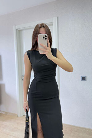 TUA MODA Yırtmaç Detaylı Kolsuz Elbise - Siyah