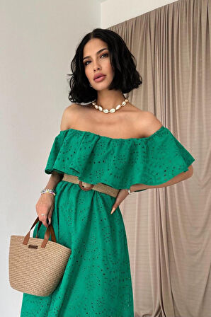 TUA MODA Yeşil Omzu Lastikli Brode Elbise