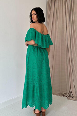 TUA MODA Yeşil Omzu Lastikli Brode Elbise
