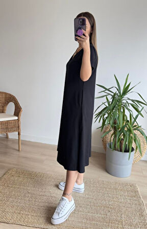 TUA MODA Kadın Kısa Kollu V Yaka Cepli A Kesim Detaylı Viskon Elbise