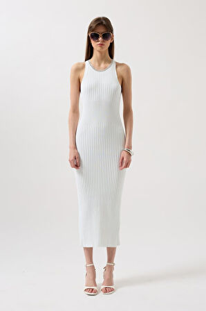 TUA MODA Halter Yaka Zincir Aksesuarlı Çapraz Askılı Elbise