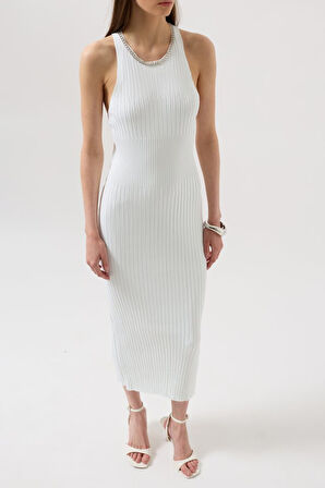 TUA MODA Halter Yaka Zincir Aksesuarlı Çapraz Askılı Elbise