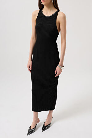 TUA MODA Halter Yaka Zincir Aksesuarlı Çapraz Askılı Elbise