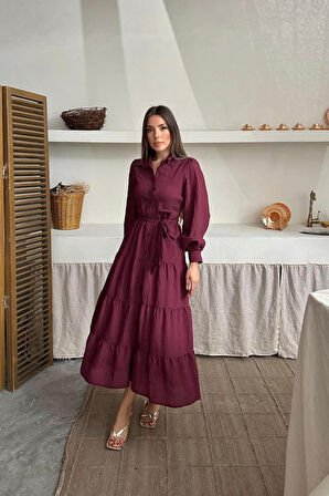 TUA MODA Bordo Çizgi Desenli Uzun Elbise