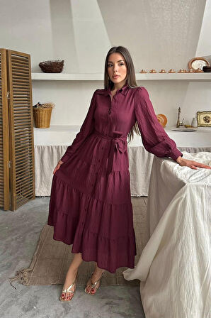 TUA MODA Bordo Çizgi Desenli Uzun Elbise