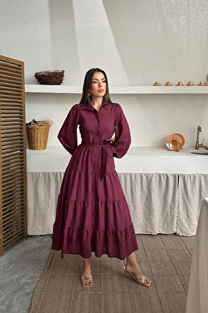 TUA MODA Bordo Çizgi Desenli Uzun Elbise