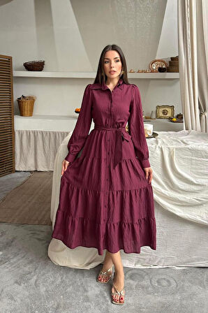 TUA MODA Bordo Çizgi Desenli Uzun Elbise