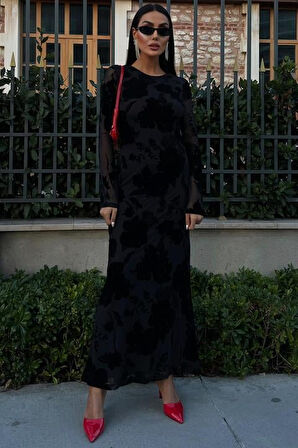 TUA MODA Kadife Baskılı Sırt Dekolteli Astarlı Elbise 2825