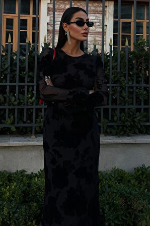 TUA MODA Kadife Baskılı Sırt Dekolteli Astarlı Elbise 2825