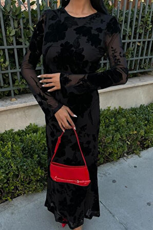 TUA MODA Kadife Baskılı Sırt Dekolteli Astarlı Elbise 2825