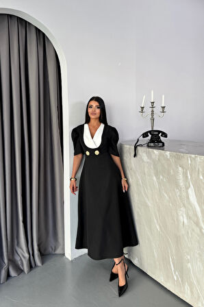 TUA MODA TASARIM ELBİSE CEKET YAKA GOLD DÜĞME DETAYLI KISA KOL - Siyah