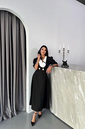 TUA MODA TASARIM ELBİSE CEKET YAKA GOLD DÜĞME DETAYLI KISA KOL - Siyah