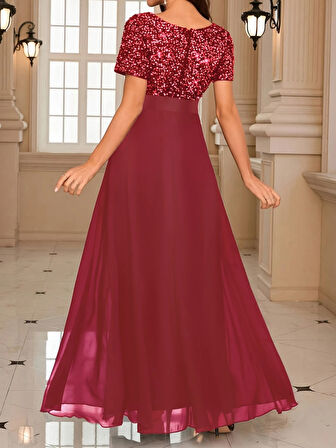 TUA MODA Kadın Kısa Kollu Derin V Yakalı A Kesim Pulpayet Detaylı şifon Nedime Elbisesi