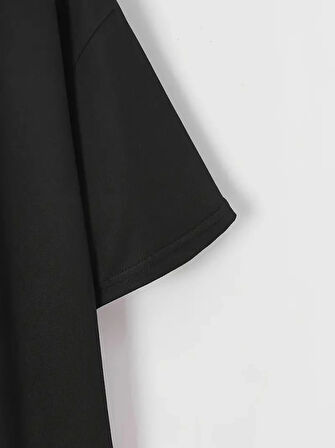 TUA MODA Baskılı Oversize Bisiklet Yaka T-shirt - Siyah