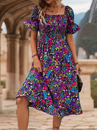 TUA MODA Kadın Kısa Kollu Kare Yakalı Beli Lastikli çiçek Desenli Mini Süprem Elbise