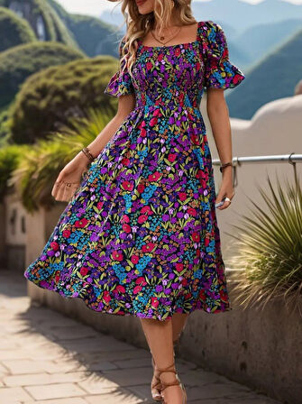 TUA MODA Kadın Kısa Kollu Kare Yakalı Beli Lastikli çiçek Desenli Mini Süprem Elbise