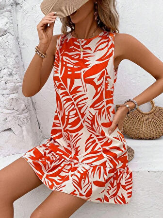 TUA MODA Kadın Sıfır Kollu Bisiklet Yakalı Fırfırlı Desenli Sofya Elbise