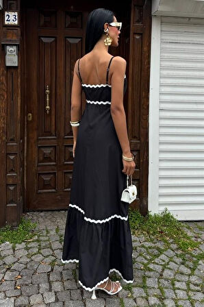 TUA MODA Dalgalı Şerit Detay Askılı Poplin Elbise 2876