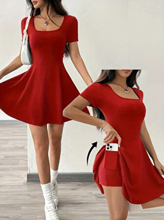 TUA MODA Kadın Kısa Kollu Kare Yaka Short Detaylı Cepli Dalgıç Elbise