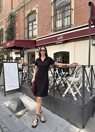 TUA MODA Osy Modal Yumuşak Dokulu Kumaş Yakalı Kısa Kollu Elbise - Siyah