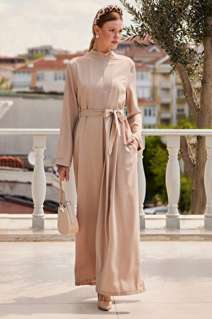 TUA MODA 7028 Uzun Tulum Elbise - Bej