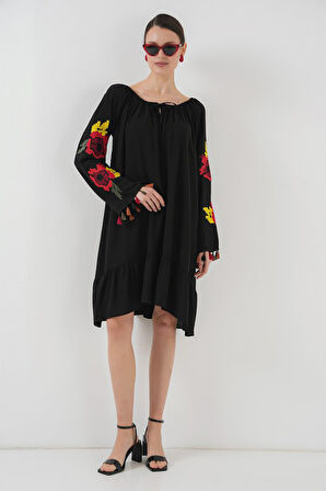 TUA MODA Nakışlı Midi Elbise 2531 - Siyah