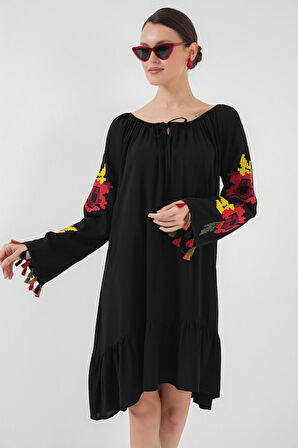 TUA MODA Nakışlı Midi Elbise 2531 - Siyah