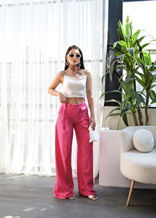 TUA MODA Keten Düğme Detayli Dökümlü Palazzo Pantolon