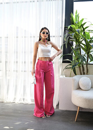 TUA MODA Keten Düğme Detayli Dökümlü Palazzo Pantolon