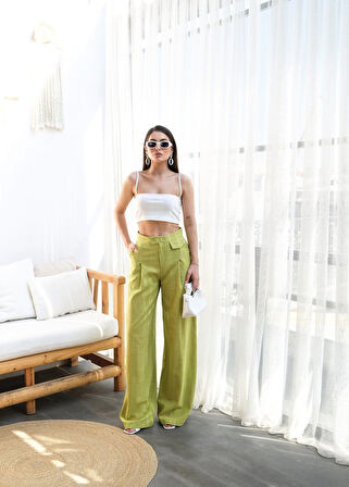 TUA MODA Keten Düğme Detayli Dökümlü Palazzo Pantolon