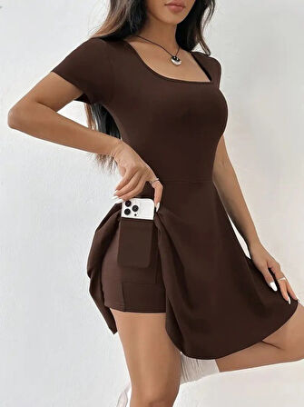 TUA MODA Kadın Kısa Kollu Kare Yaka Short Detaylı Cepli Dalgıç Elbise