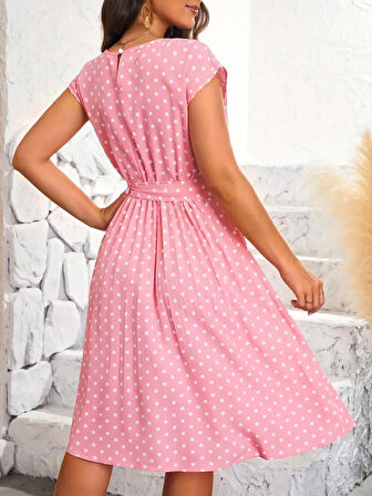 TUA MODA Kadın Kolsuz Beli Kuşaklı Puantiyeli Sandy Elbise