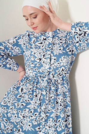 TUA MODA 2144 Hakim Yaka Tesettür Elbise - Mavi