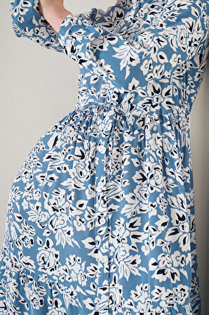 TUA MODA 2144 Hakim Yaka Tesettür Elbise - Mavi