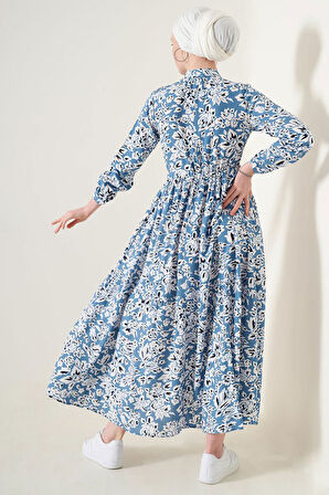 TUA MODA 2144 Hakim Yaka Tesettür Elbise - Mavi